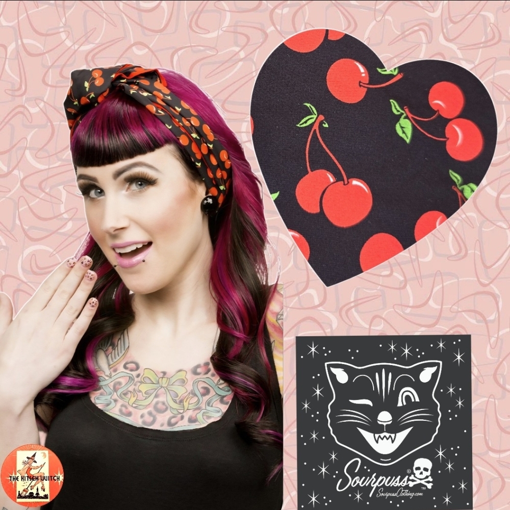 🍒"Bad Gal" Sourpuss Cherry Print Scarf Oblong Retro Style